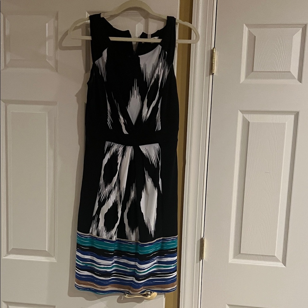 Max & Cleo Black and White Midi Dress with Blue and Green Accents
